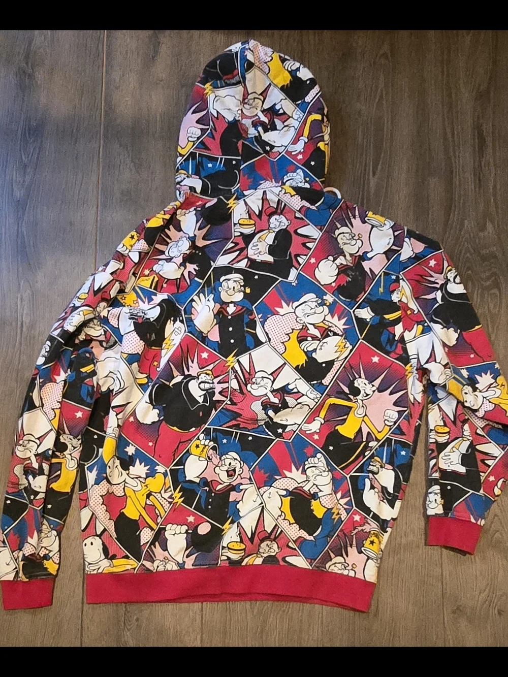 2018 Popeye Grunge Print Hoodie Sweatshirt XL Colorful Comic Strip Characters
